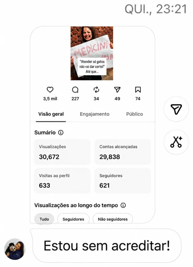 Painel de métricas do Instagram de uma participante: 30.672 visualizações, 29.838 contas alcançadas, 633 visitas ao perfil e 621 seguidores em um único post. Ela comenta: Estou sem acreditar!